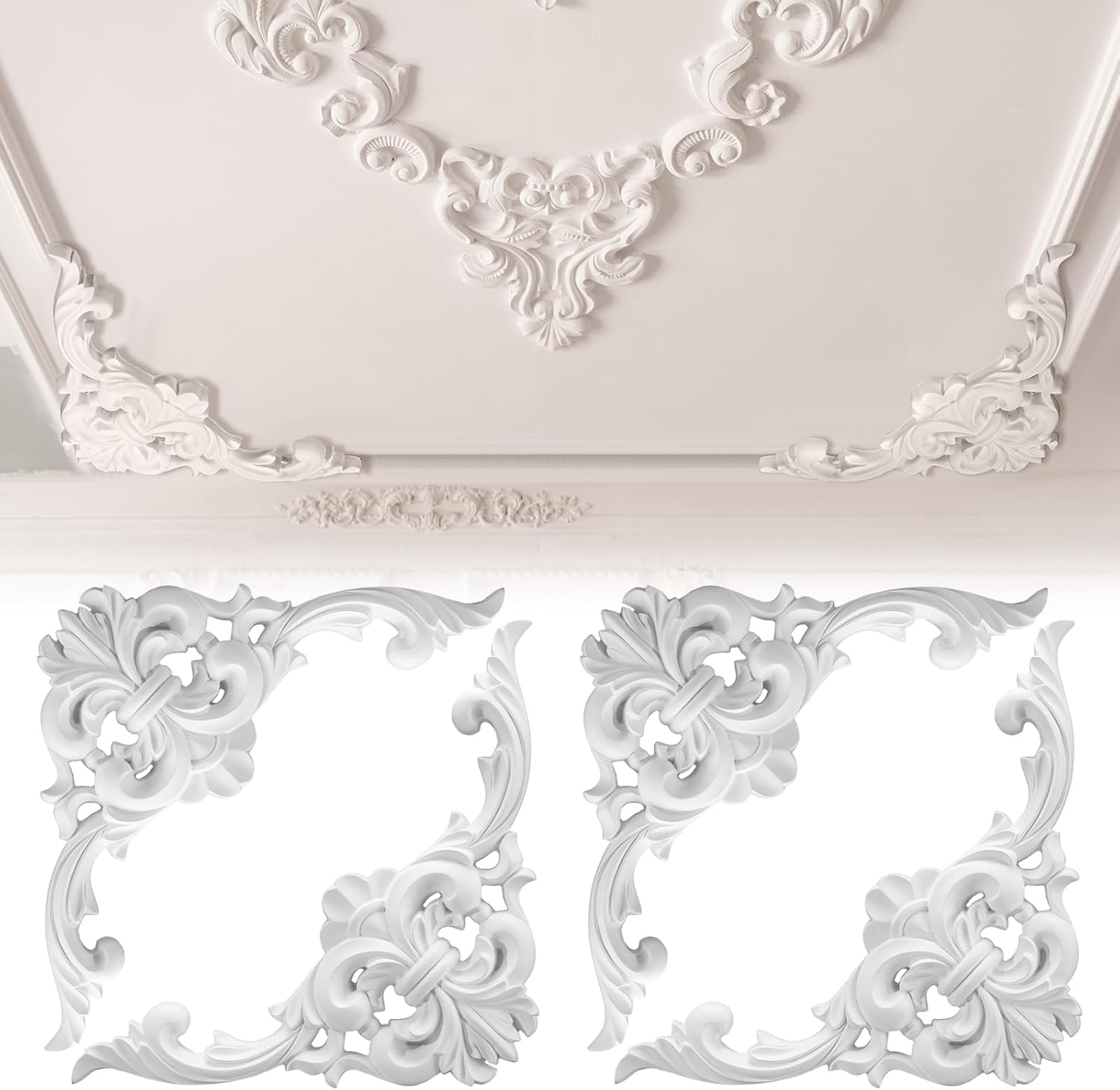 Flower Wall Panel - PU天井モールディングキット、コーナー壁画トリム、バロックフローラルカービングウォールパネル付きメダリオン天井用アクセントウォールデコレーション