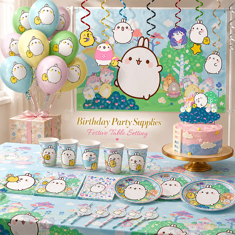 Paper Straw Color - Molang 漫画をテーマにしたパーティー用品 使い捨てプレート カップ ストロー ケーキフラグ