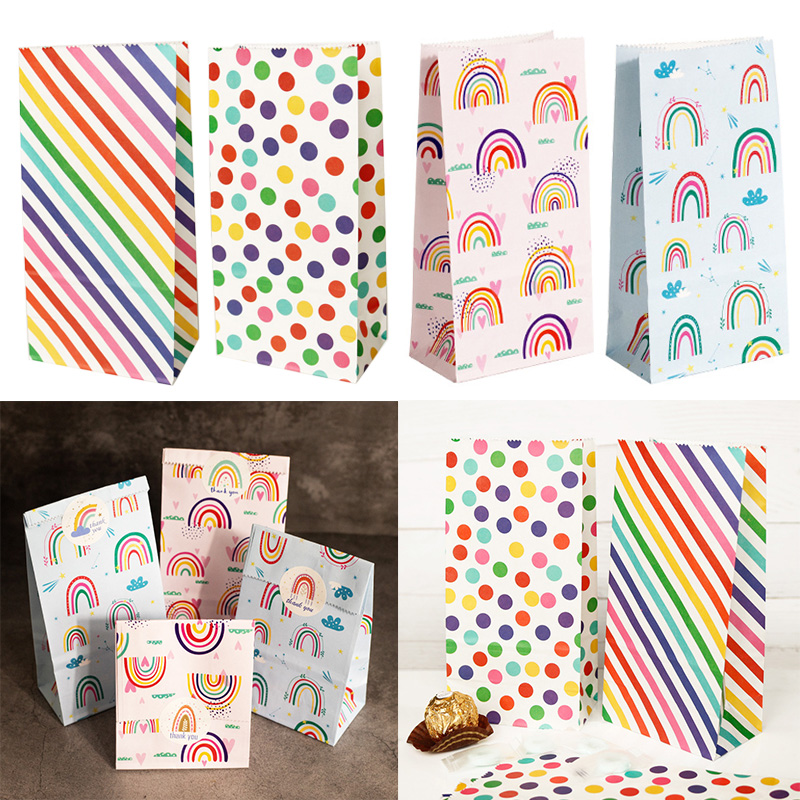 Event Party Box - 小さな紙袋レインボープリントキャンディクッキーバッグピンクブルー子供の誕生日パーティーギフトバッグボックス DIY ベーキング包装用品