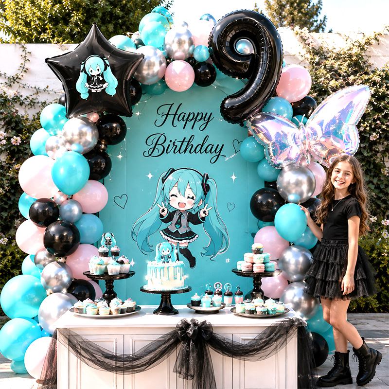 Balloon Arch Kit - ミクをテーマにしたバルーンアーチガーランドキット、アニメコスプレパーティー誕生日祝いの装飾用品用の鮮やかなミックスバルーン
