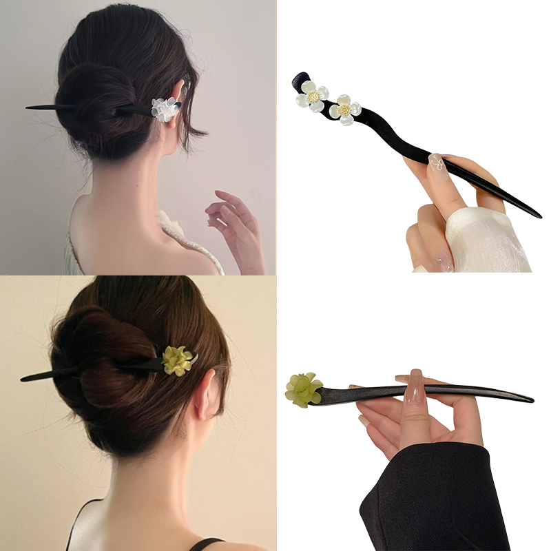 Event Suppliers - ヴィンテージ中国風の木製花ヘアスティックパールヘアピンジュエリー女性のための気質ヘアアクセサリーウェディングスタイリング gif