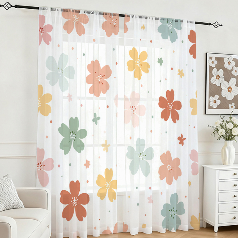 Flower Wall Panel - 2枚組デジタルプリントシアーカーテン、カラフルな四つ葉のクローバー柄、爽やかで可愛い幸運の春の田園風寝室装飾