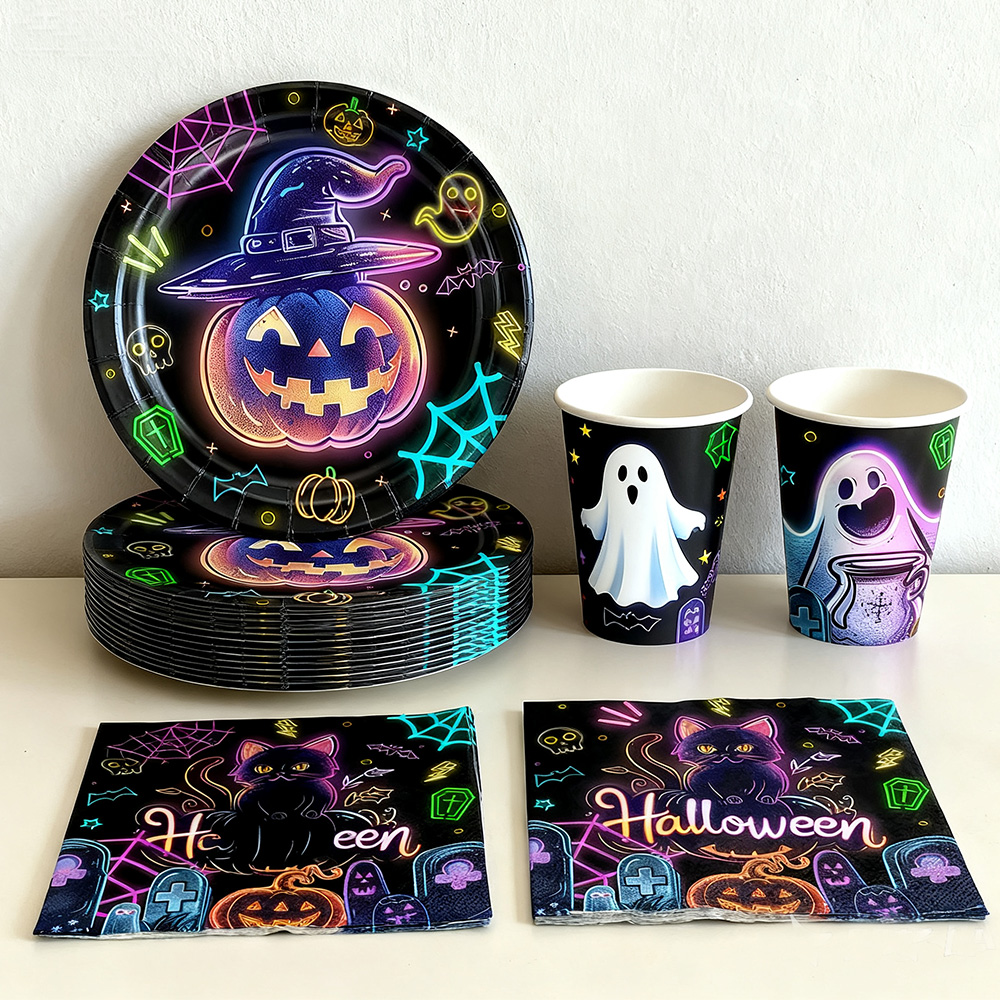 Table Cloth Disposable - ハロウィンパーティー用紙皿、ナプキン、カップ、ハロウィンテーブルクロス、ハロウィン使い捨て食器セット、ハロウィンデコレーション用品