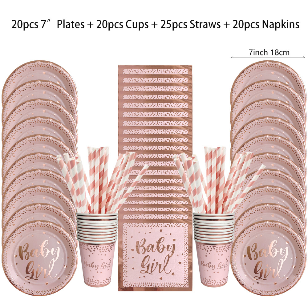 Paper Straw Color - ローズゴールドパーティー使い捨て食器セットライトパウダー紙皿カップストロー子供の誕生日パーティーの装飾ベビーシャワーの女の子