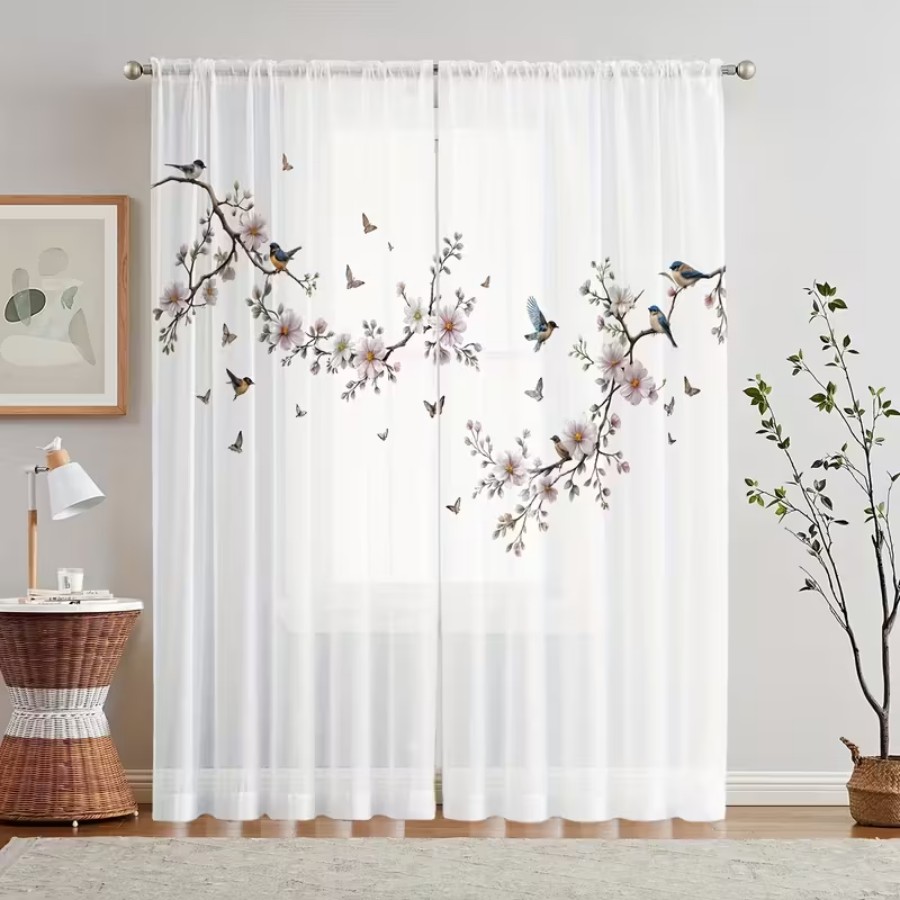 2枚組デジタルプリントシアーカーテン、花鳥蝶自然庭園春の窓用 - Flower Wall Panel のレビューと価格