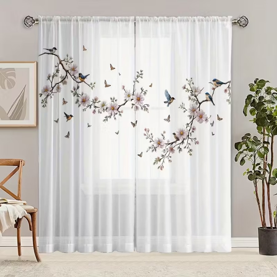 2枚組デジタルプリントシアーカーテン、花鳥蝶自然庭園春の窓用 - Flower Wall Panel のレビューと価格