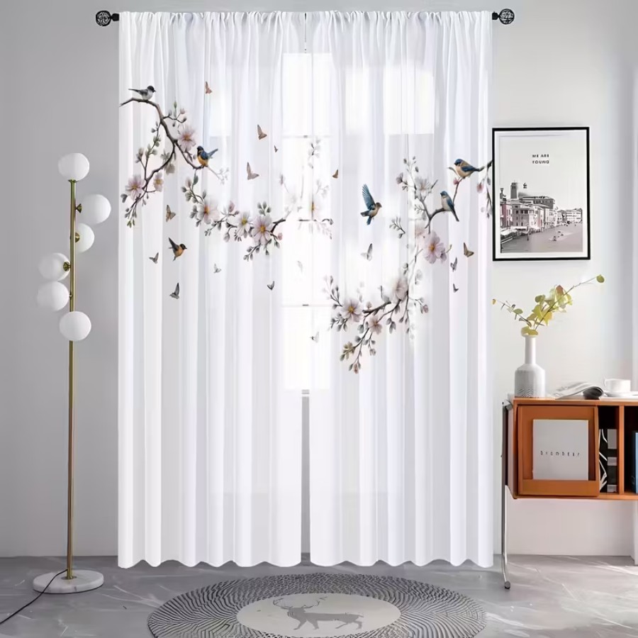 2枚組デジタルプリントシアーカーテン、花鳥蝶自然庭園春の窓用 - Flower Wall Panel のレビューと価格