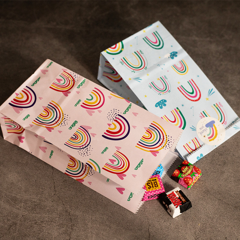 小さな紙袋レインボープリントキャンディクッキーバッグピンクブ - Event Party Box のレビューと価格
