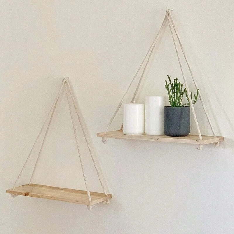 1PC 木製スイングぶら下げ麻ロープ壁棚マウントフローティン - Flower Wall Panel のレビューと価格