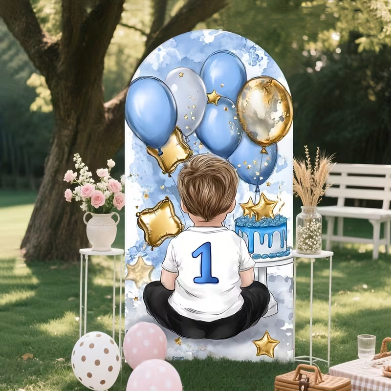 小さな男の子柄アーチ型背景幕カバー 1歳の誕生日背景 バルー - Dessert Table Backdrop のレビューと価格