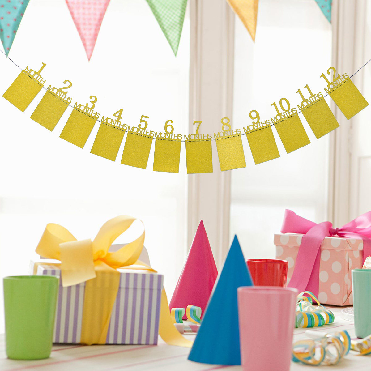 12ヶ月の赤ちゃんの誕生日フォトウォールバナー、手作りの室内 - Party Banner Gold のレビューと価格